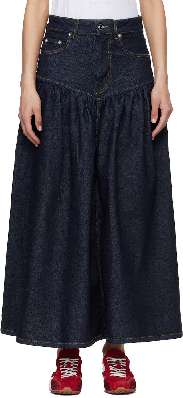 GANNI: Navy Stretch Denim Midi Skirt | SSENSE