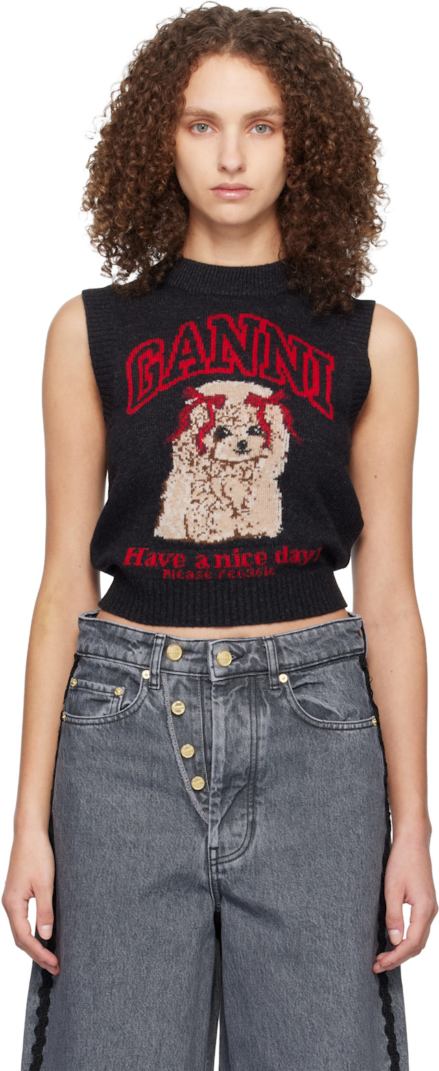 GANNI: Black Graphic Wool Vest | SSENSE