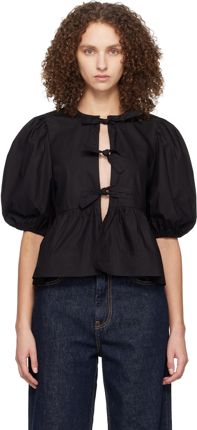 GANNI: Black Cotton Poplin Peplum Tie Blouse | SSENSE