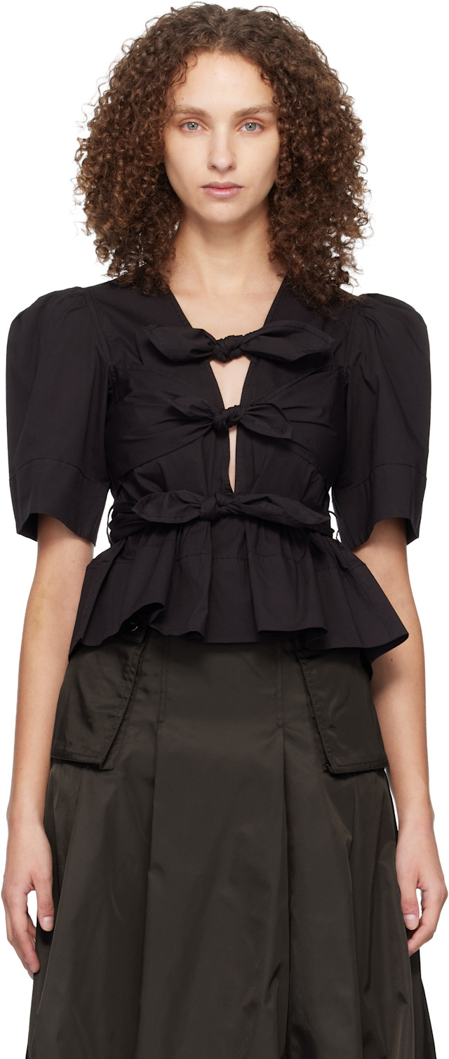 GANNI: Black Washed Stretch Cotton Tie Strap Blouse | SSENSE