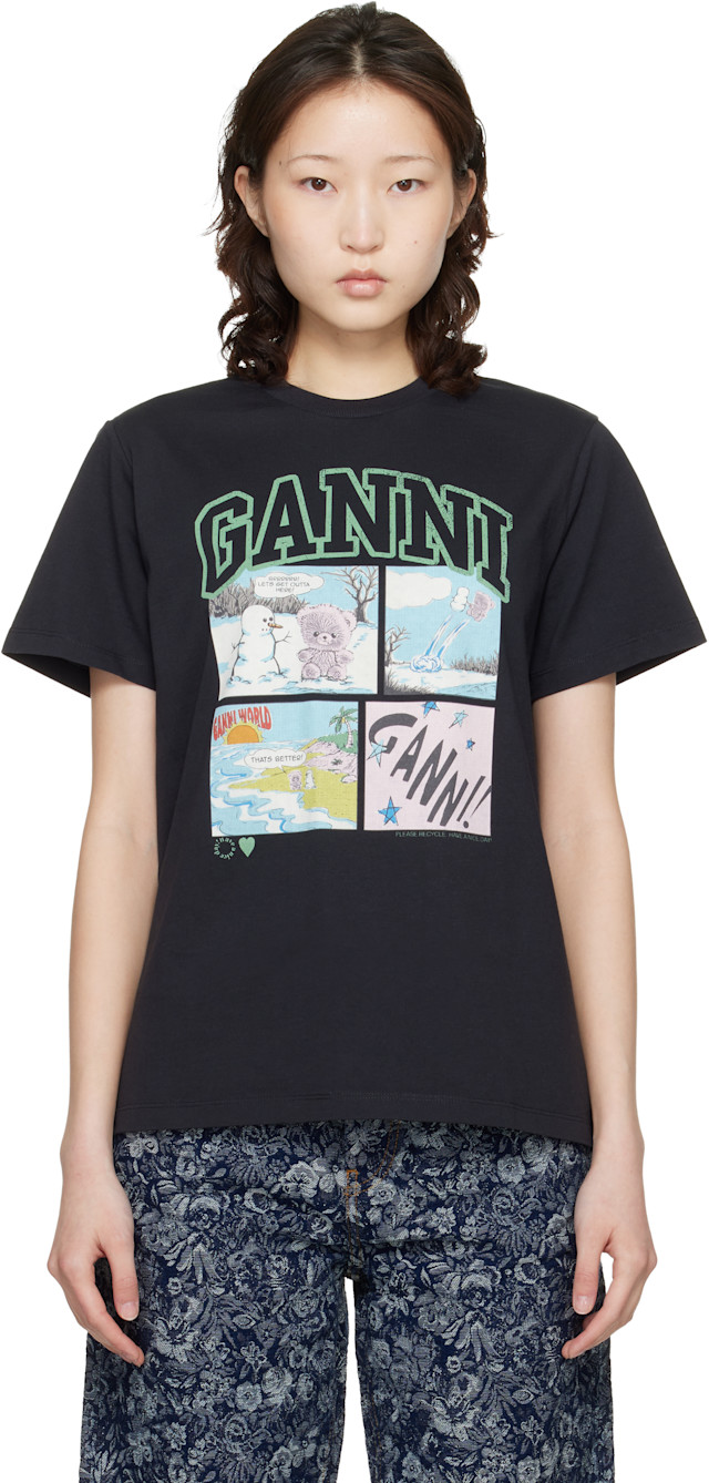 GANNI: ブラック Basic Bear Comic Teddy コットンジャージ Tシャツ
