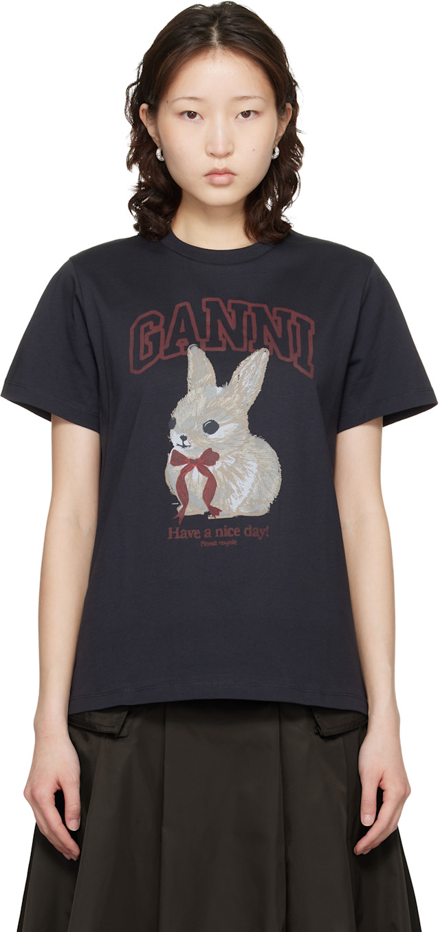 GANNI: Black Bunny T-shirt | SSENSE Denmark