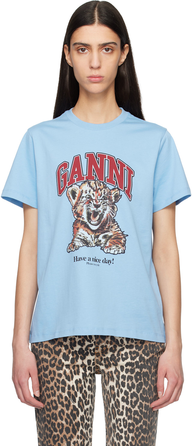 GANNI: Blue Relaxed Jersey Tiger T-shirt | SSENSE