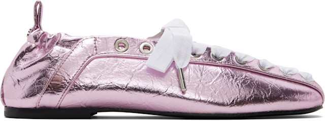 GANNI: Pink Lace-Up Ballerina Flats | SSENSE