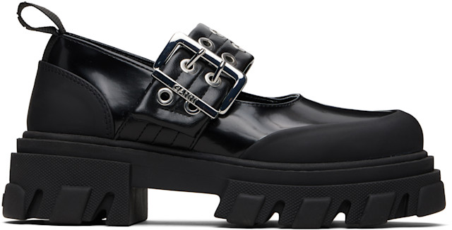 GANNI: Black Cleated Ballerina Box Loafers | SSENSE