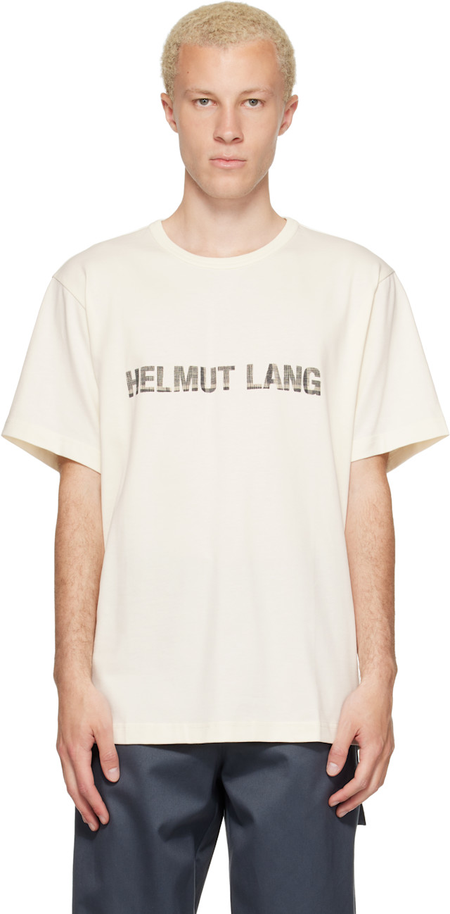 Helmut Lang: オフホワイト Plaid ロゴ Tシャツ | SSENSE 日本