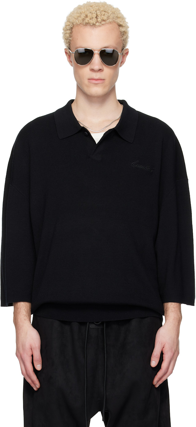 Fear of God ESSENTIALS: Black Signature 3/4 Sleeve 90s Knit Polo