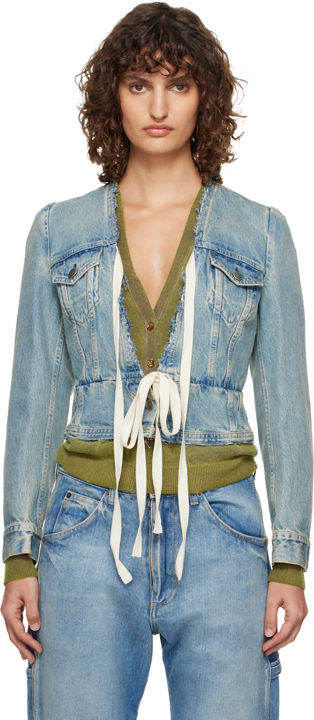 Maison Margiela: Blue V-Neck Denim Jacket | SSENSE Canada
