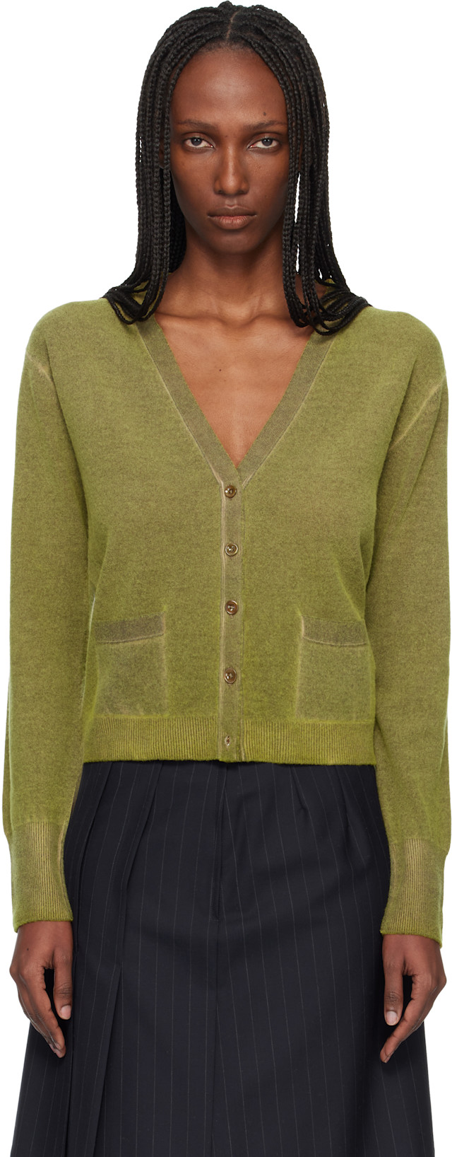 Maison Margiela: Green Virgin Wool V Neck Cardigan | SSENSE