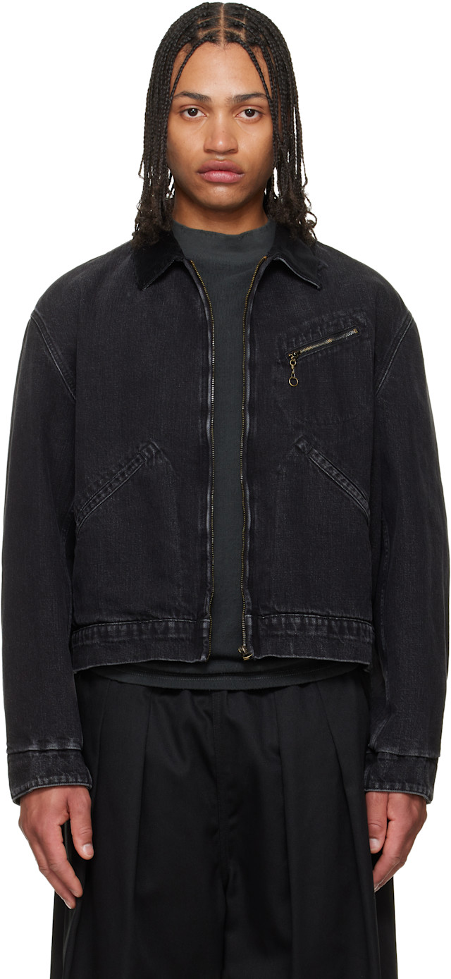 【 fanio】MaisonMargiela NOCOLLARJACKET Maison Margiela: Black Corduroy Collar Faded Denim Jacket | SSENSE