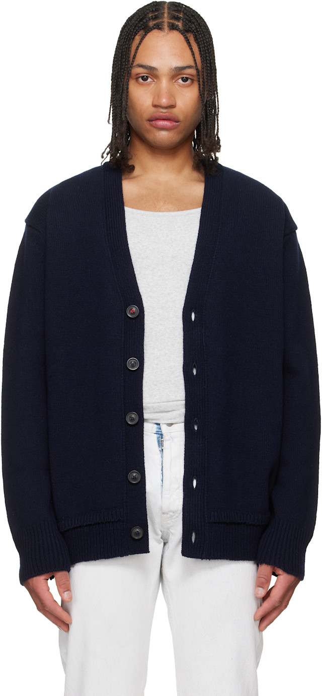 Maison Margiela: Navy Elbow Patch Cardigan | SSENSE