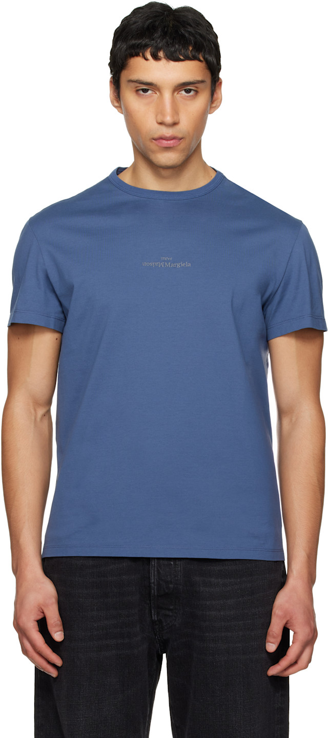 Maison Margiela: Blue Distorted Logo T-shirt | SSENSE