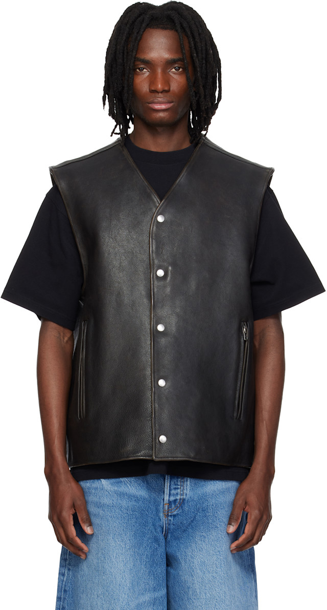 【Alexander Wang】アレキサンダーワンMotorbiker Vest Alexander Wang: Black Boxy Moto Leather Vest | SSENSE