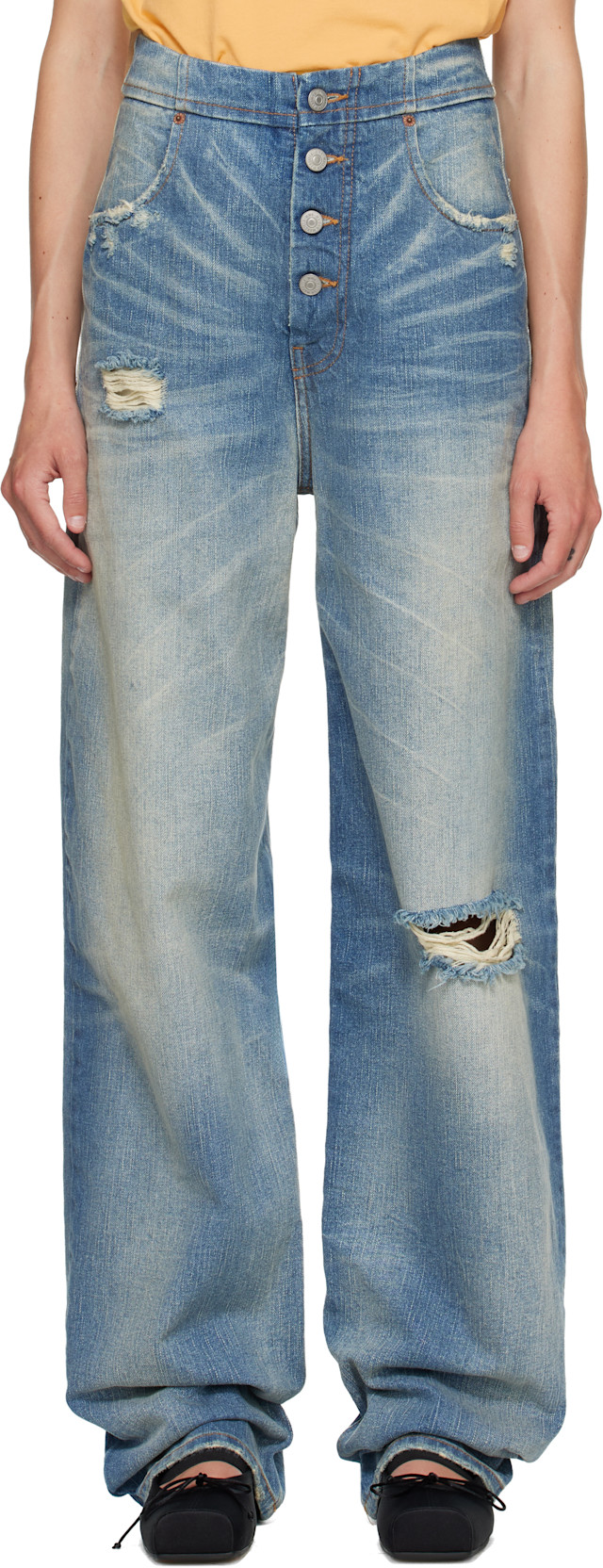MM6 Maison Margiela: Blue Distressed Jeans | SSENSE Canada