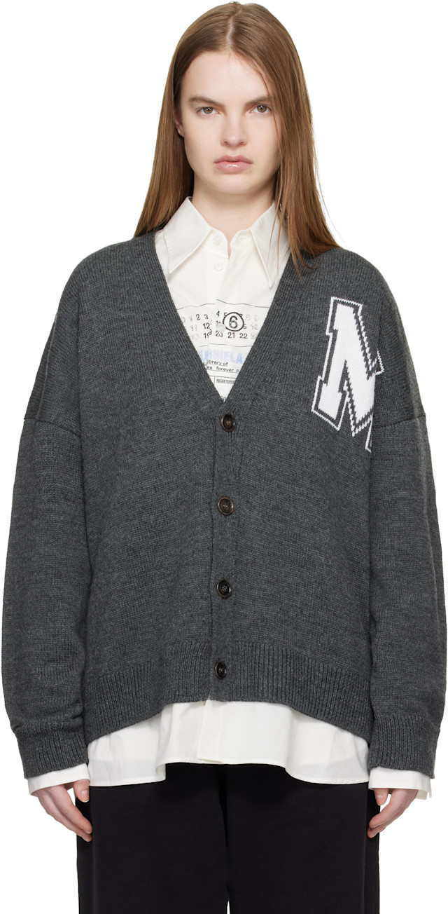 MM6 Maison Margiela / エムエムシックス メゾンマルジェラ | モヘヤ ニットボーダー オープン ロングカーディガン | M | グレー/ピンク | レディース MM6 Maison Margiela: Gray Two-In-One Knit Cardigan | SSENSE