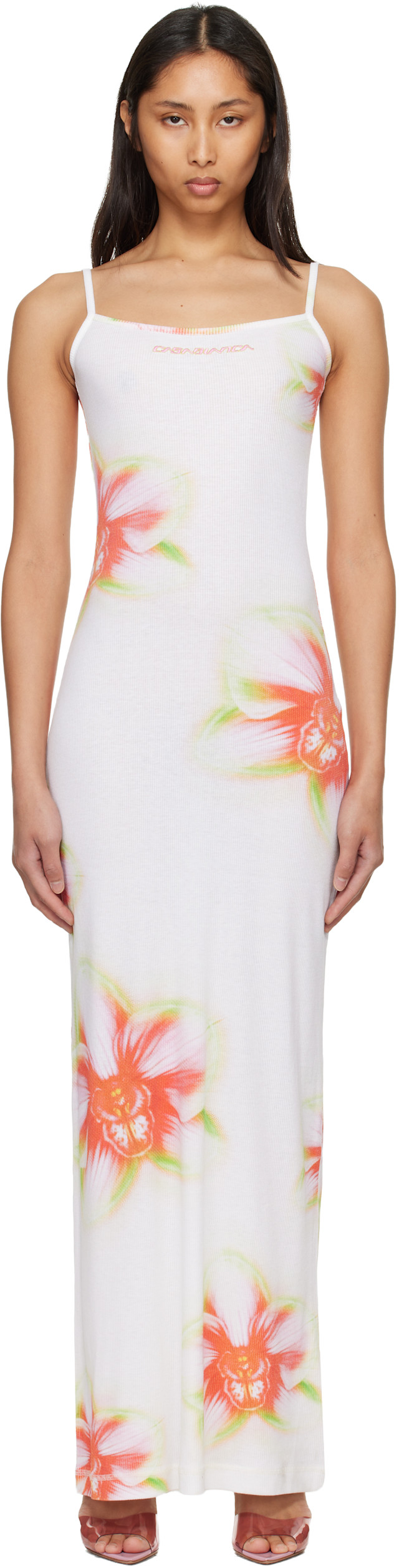 Casablanca: Off-White Glitch Orchid Soft Ribbed Maxi Dress | SSENSE Casablanca: Off-White Glitch Orchid Soft Ribbed Maxi Dress | SSENSE