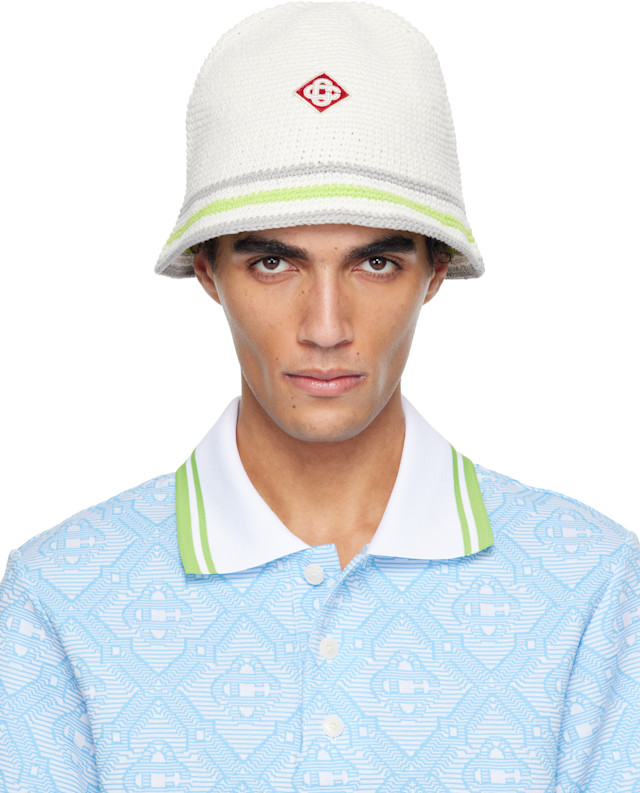 Casablanca: White Stripe Crochet Bucket Hat | SSENSE Canada