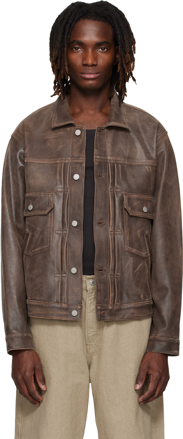 YOKE: Brown Cracked Leather Trucker Jacket | SSENSE