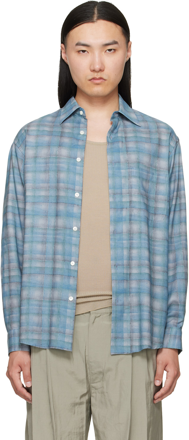YOKE: Blue Printed Plaid Cotton Lawn Shirt | SSENSE