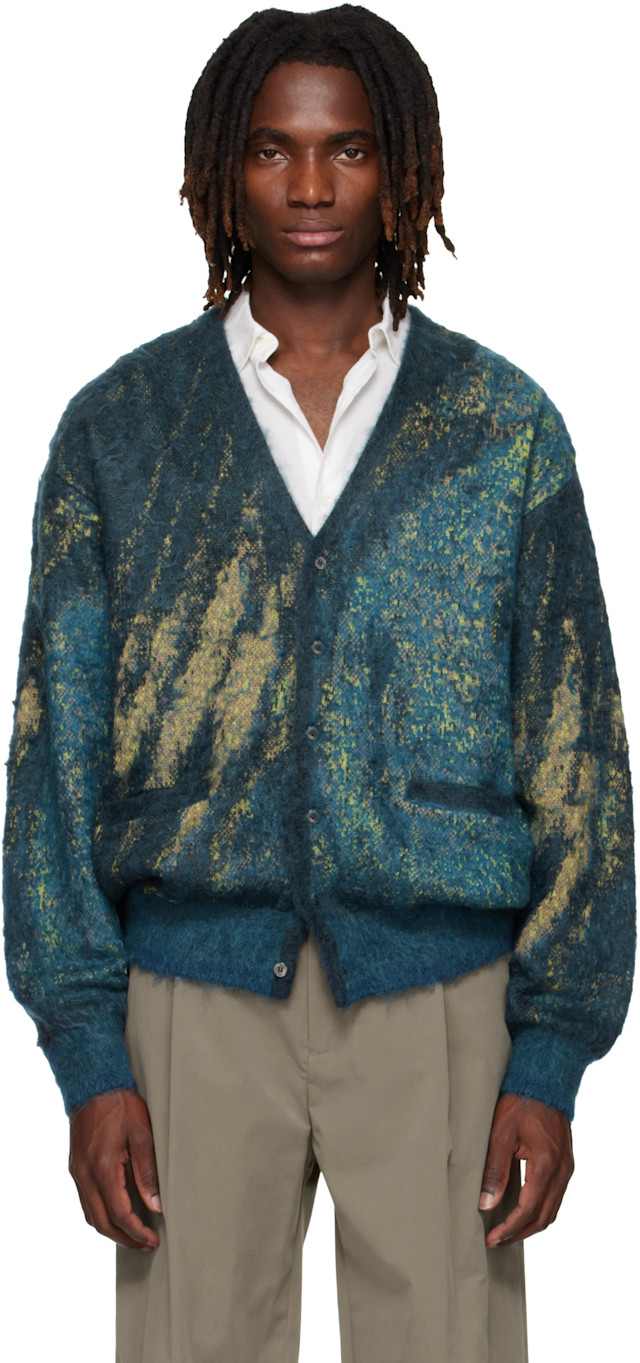 YOKE: Blue & Green Abstract Jacquard Mohair Cardigan | SSENSE