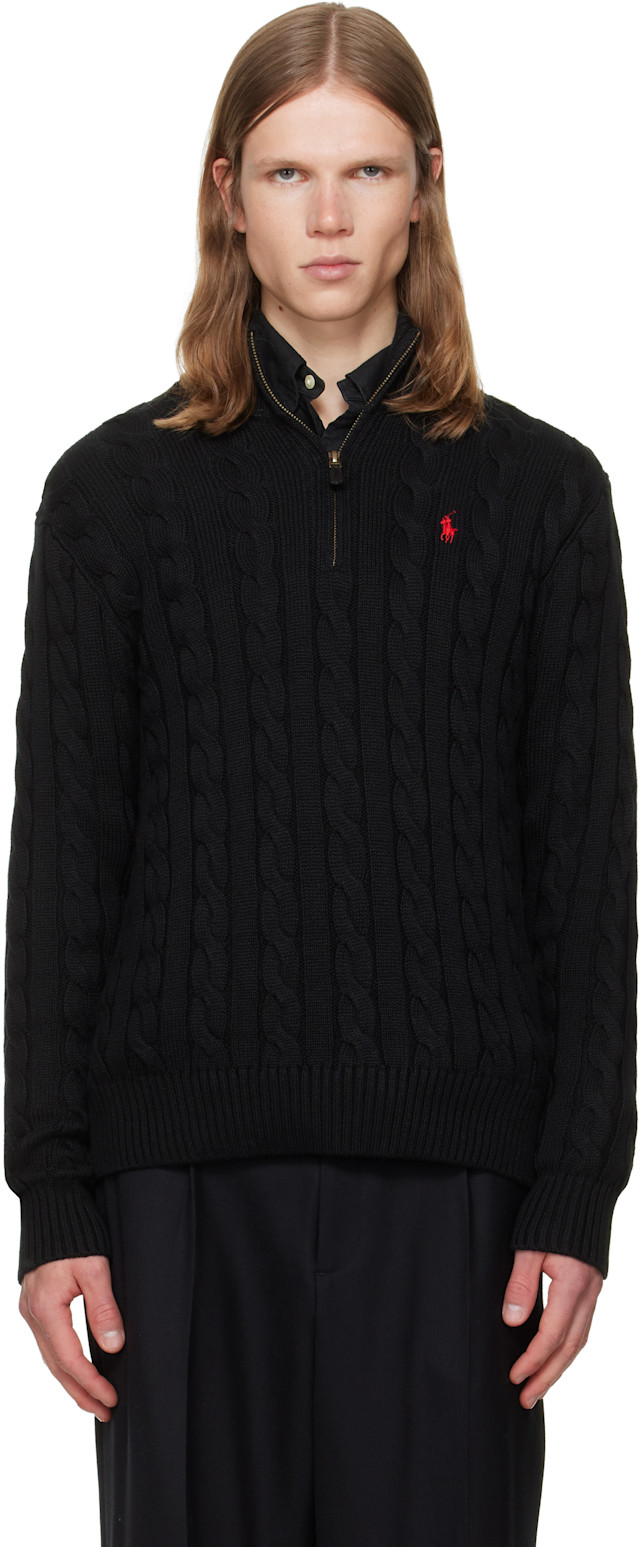 Polo Ralph Lauren: Black Cable-Knit Cotton Quarter-Zip Sweater