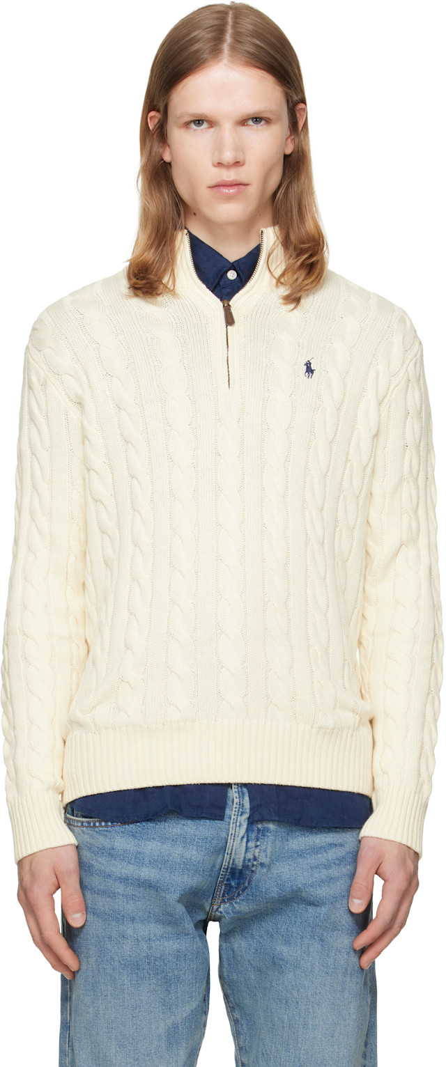 Polo Ralph Lauren: Off-White Cable-Knit Cotton Quarter-Zip Sweater