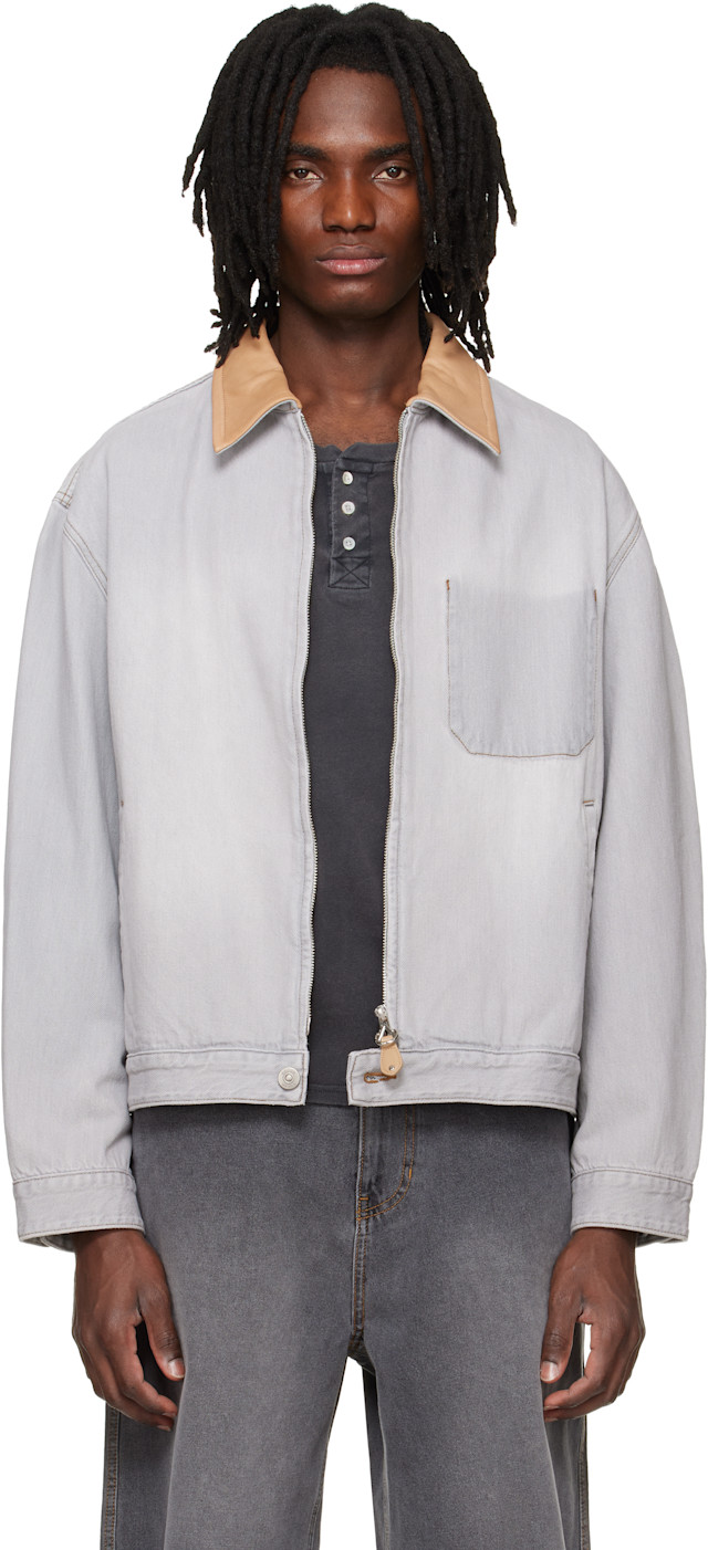 Solid Homme: グレー Leather Collared デニム トラッカージャケット