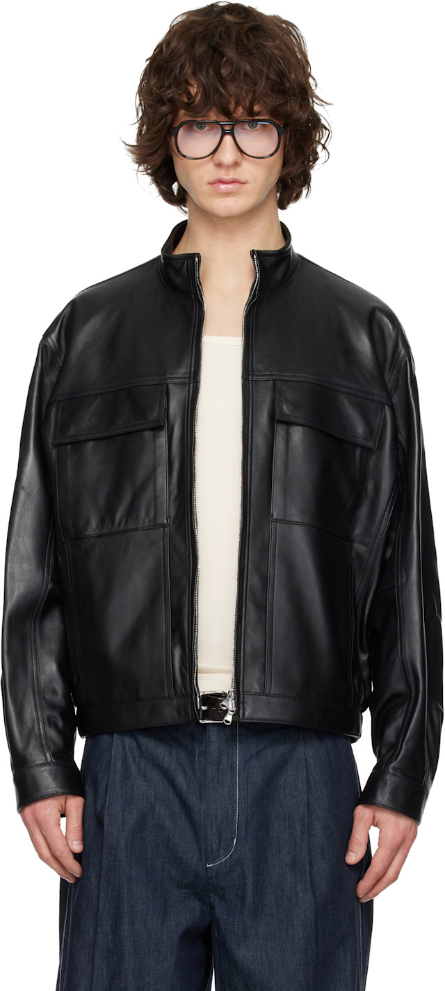 Solid Homme: Black High-Neck Two-Pocket Leather Jacket | SSENSE