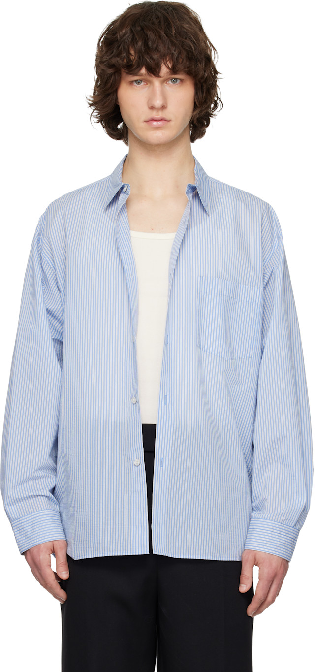 Solid Homme: Blue Cotton Nylon Stripe Shirt | SSENSE