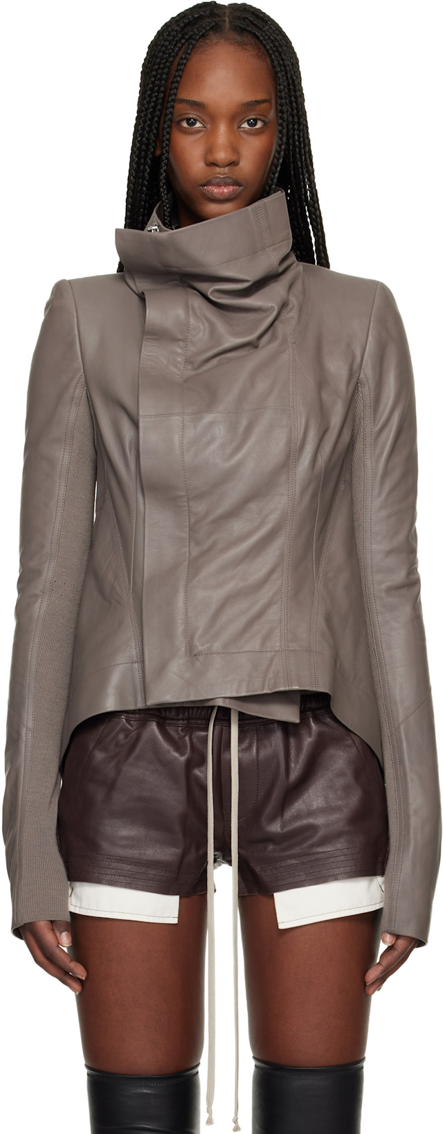 トップス RICK OWENS gray jacket Rick Owens: Gray Temple Naska Leather Jacket | SSENSE
