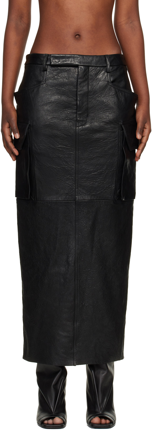 Rick Owens: Black Temple Firbanks Leather Midi Skirt | SSENSE