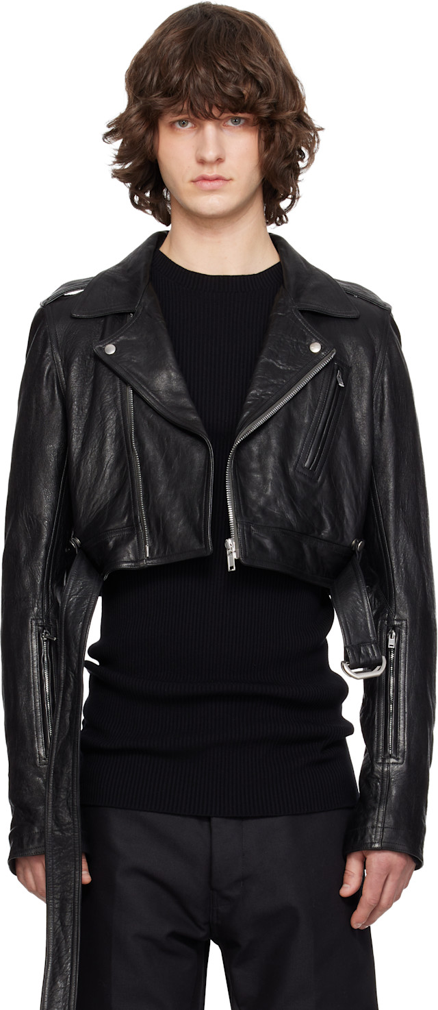 Rick Owens: Black Temple Cropped Luke's Stooges Leather Jacket Rick Owens: Black Temple Cropped Luke's Stooges Leather Jacket