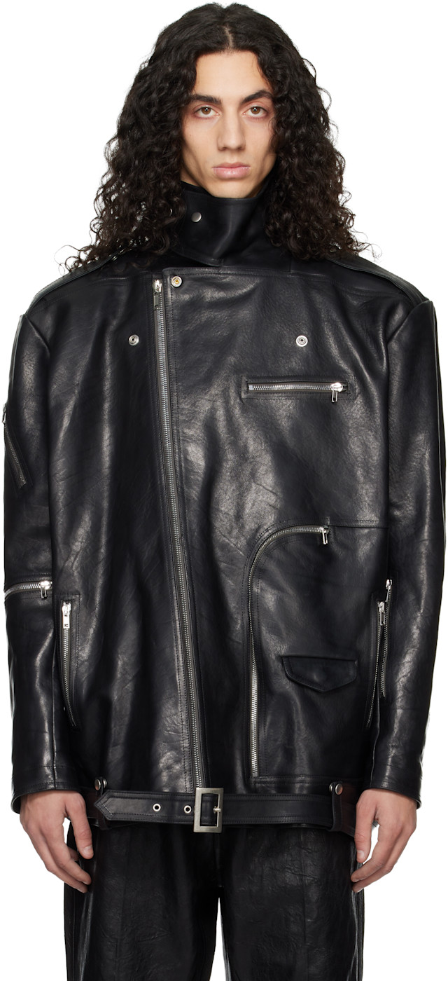 リックオウエンスライダーズジャケット Jumbo bauhaus stooges Rick Owens: Black Temple Jumbo Bauhaus Stooges Leather Jacket | SSENSE