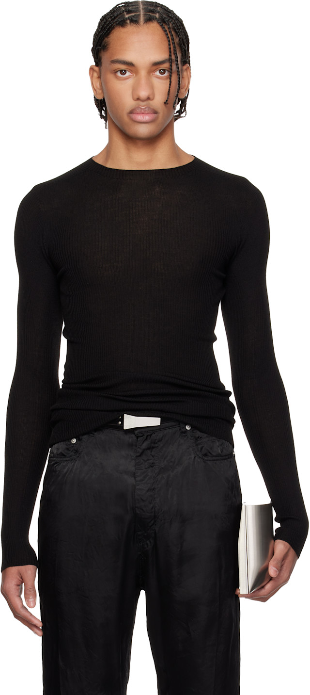 Rick Owens: Black Temple Ribbed Round Neck Sweater | SSENSE