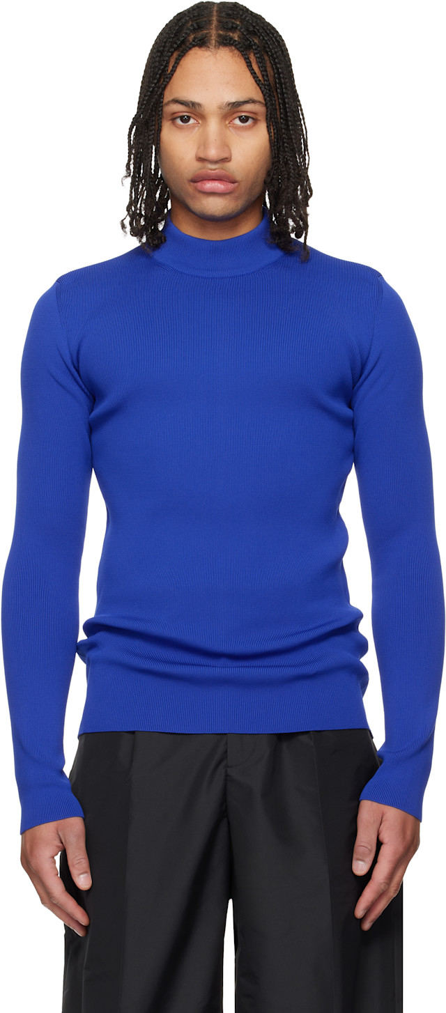 Jil Sander: Blue Long Sleeve Mockneck Sweater | SSENSE