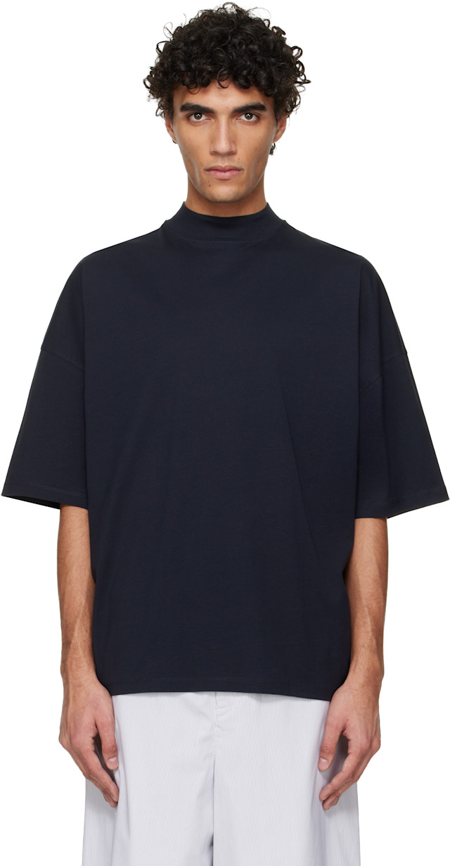 Jil Sander モックネックT-shirt Navy M Jil Sander: Navy Cotton Mock-Neck T-Shirt | SSENSE