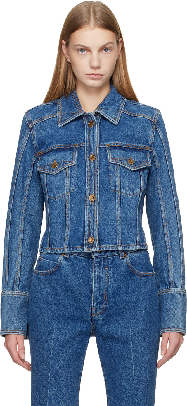 Balmain: ブルー クロップド フェード デニムジャケット | SSENSE 日本