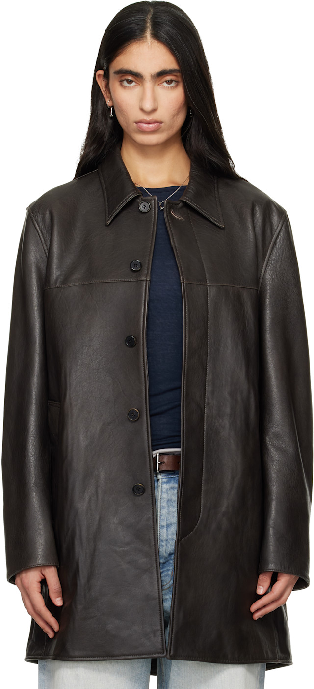 (送料無料) YOKE / LEATHER-LIKE CAR COAT TONYWACK: Brown Aged Lamb Leather Car Coat | SSENSE Canada