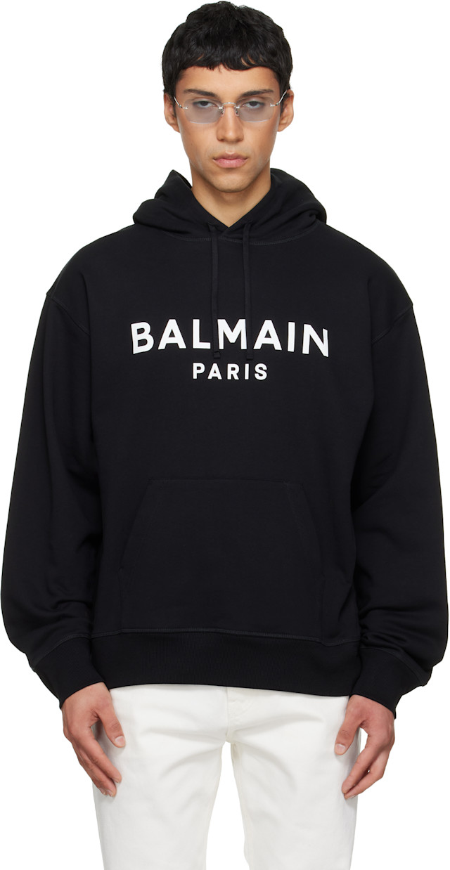 BALMAIN: Black Printed Cotton Hoodie | SSENSE Canada