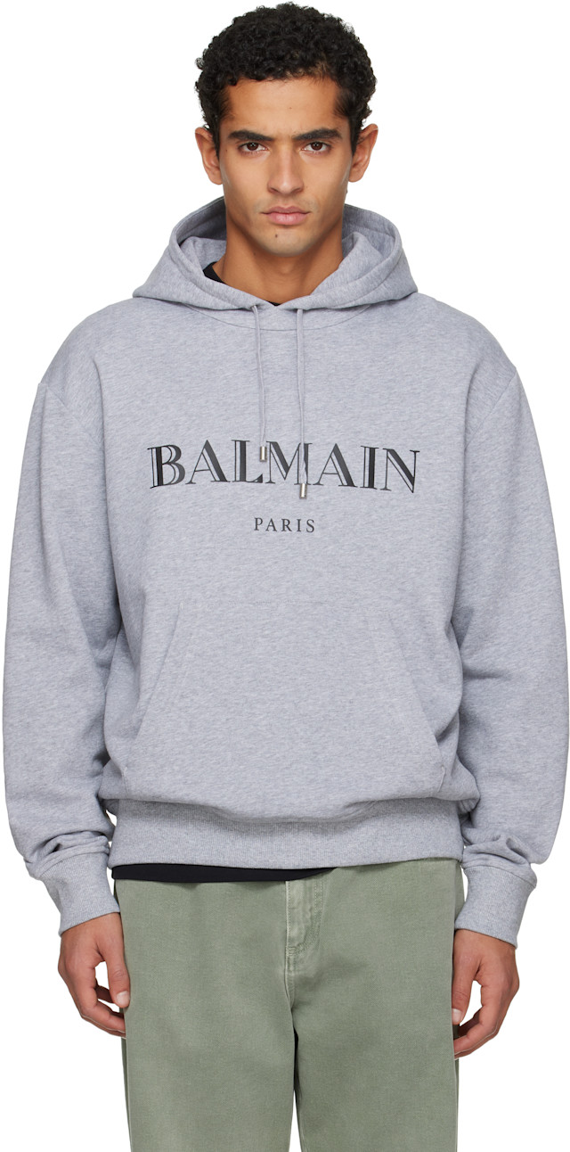 BALMAIN: Gray 'Balmain' Printed Hoodie | SSENSE