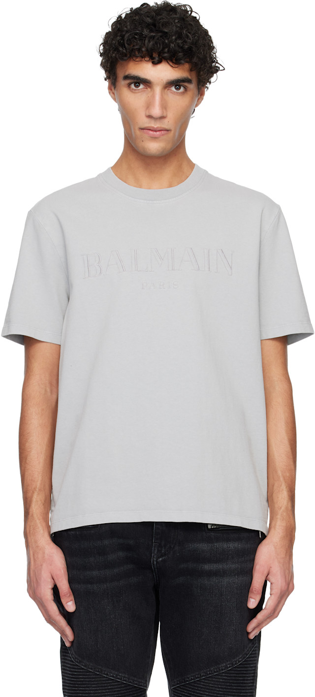 BALMAIN: Gray Vintage 'Balmain' Embroidered T-shirt | SSENSE