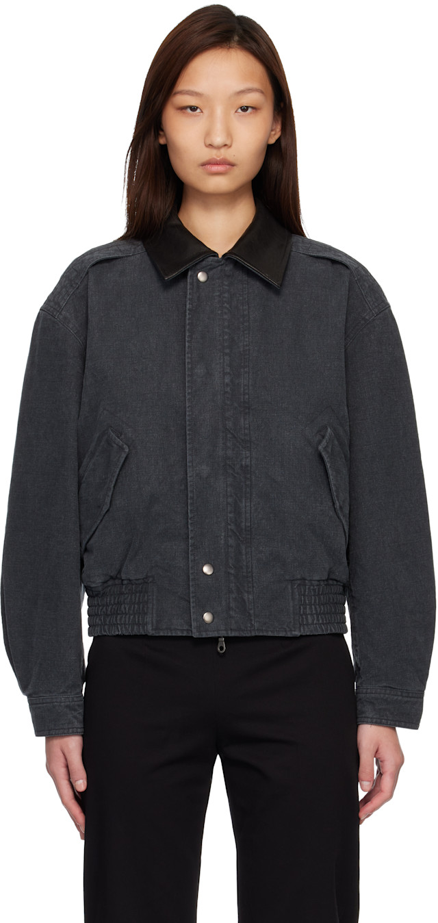 COOR: Navy Leather Collar Washed Cationized Bomber Jacket | SSENSE