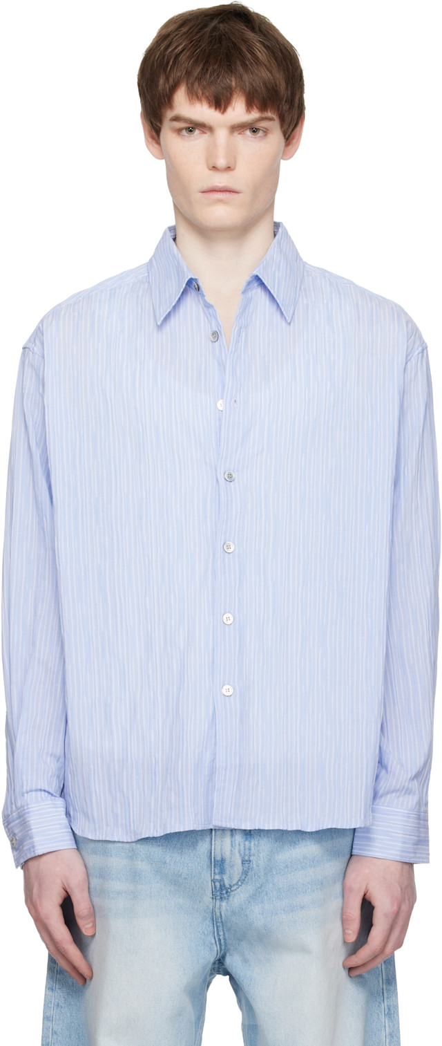 COOR: Blue Semi-Overfit Wrinkle Stripe Shirt | SSENSE