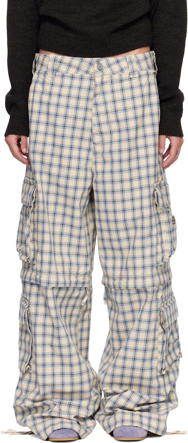ERL: Beige & Blue Zip-Off Plaid Cargo Pants | SSENSE