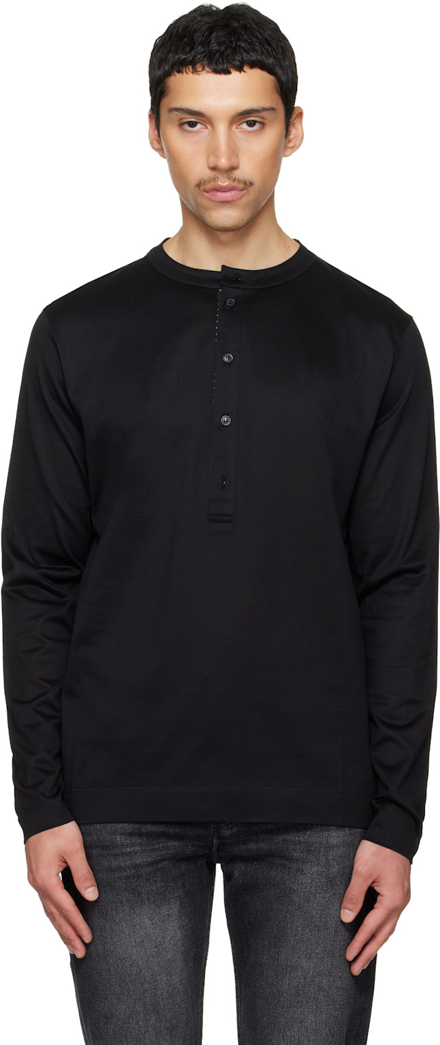 Paul Smith: ブラック LS Grandad Collar ヘンリーネックTシャツ