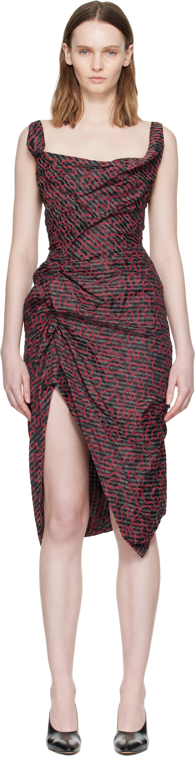 Vivienne Westwood: Black & Red Sleeveless Side Panther Midi Dress