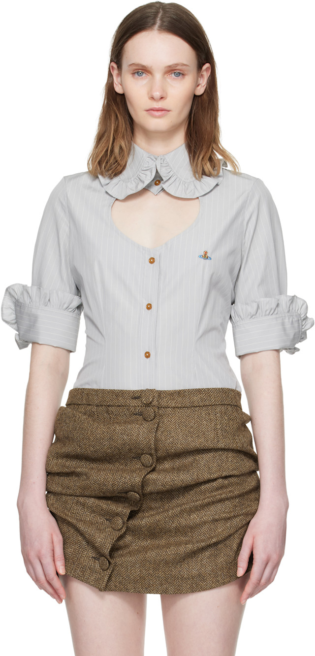 Vivienne Westwood: Gray Pinstripe Shirting S/S Toulouse Frill