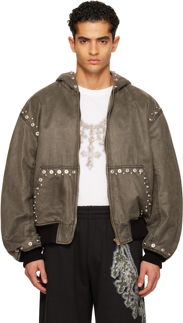 We11done: Gray Studded Hooded Bomber Jacket | SSENSE