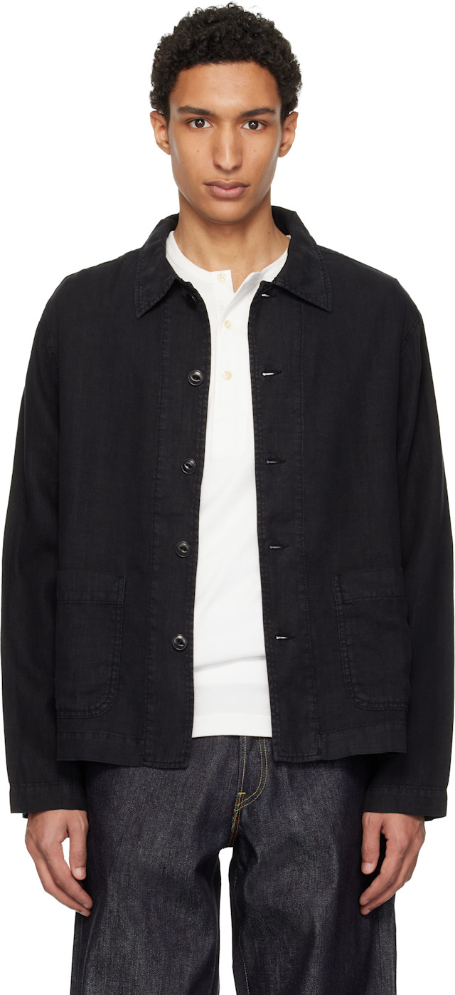 Merz b. Schwanen: Black Cropped Worker's Linen Jacket | SSENSE