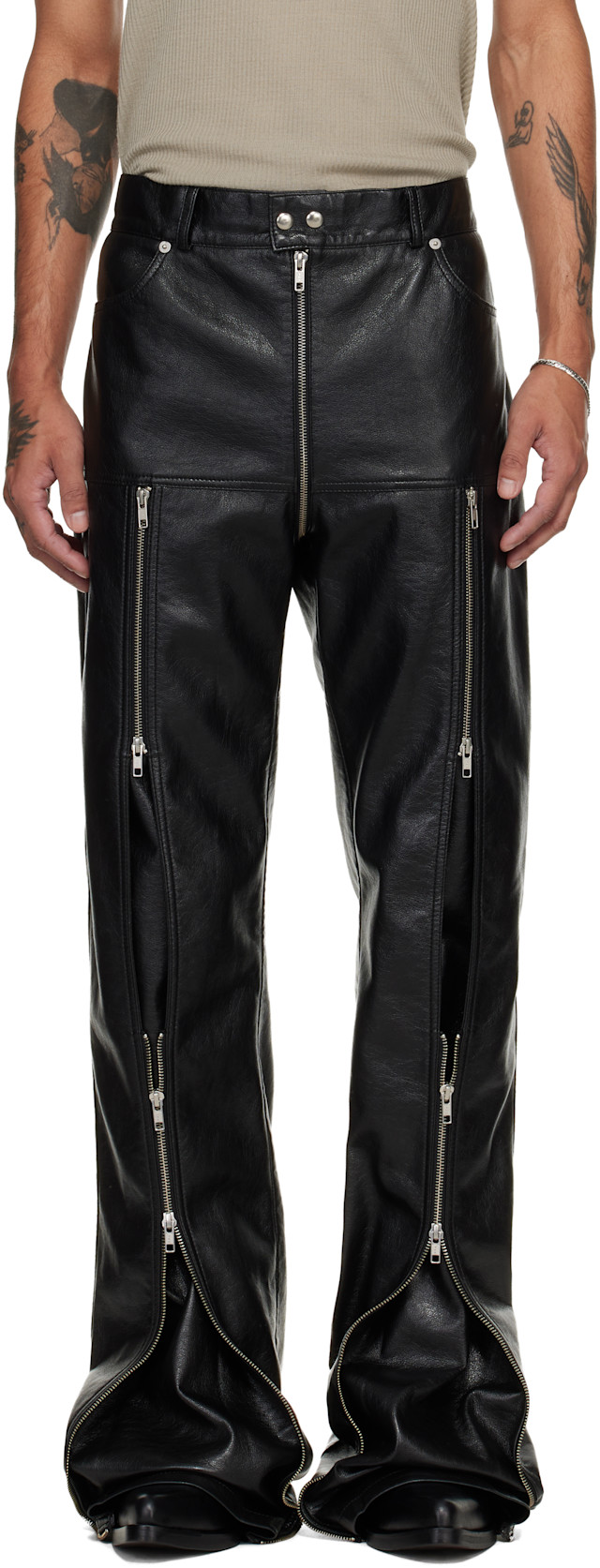 LU'U DAN: ブラック Zipped Riot 5-Pocket フェイクレザー パンツ